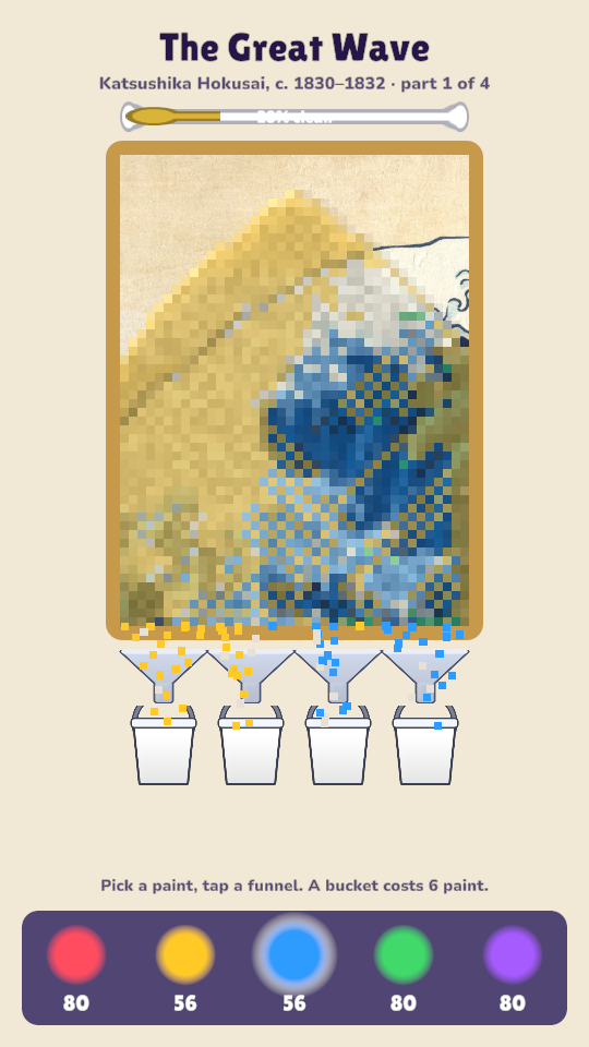 The restoration: sand pouring off the Great Wave into buckets