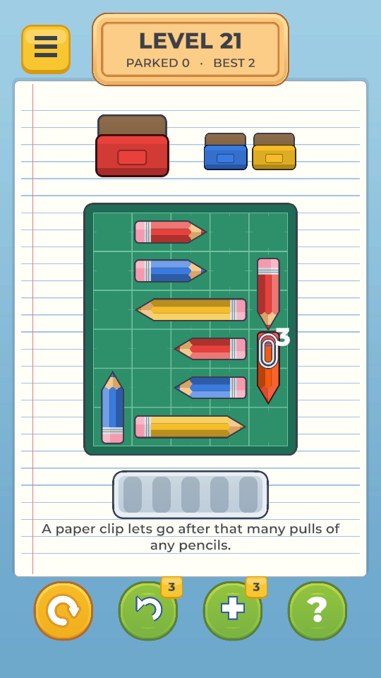 Level 21: a clip refuses, three pulls to go