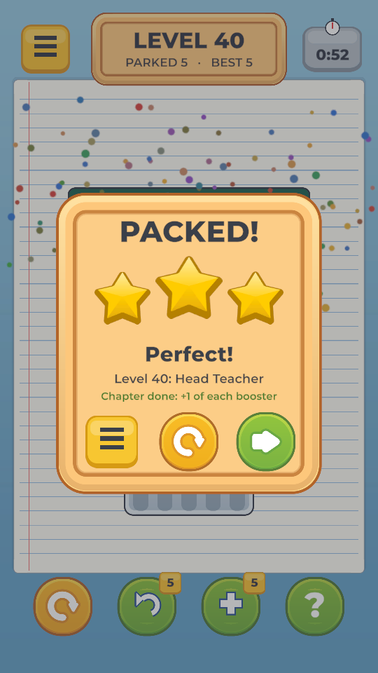 Level 40 packed: stars by pencils parked